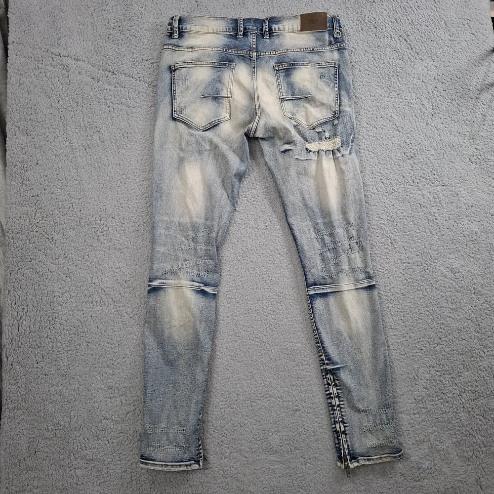 KDNK Distress Ripped Stacked Skinny Jeans Mens Size 34 Ankle Zip Grunge Y2K MOTO